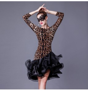 Leopard printed with black ruffles hem patchwork  draw string back middle long sleeves round neck competition women's ladies female competition performance professional latin samba cha cha rumba dance dresses outfits